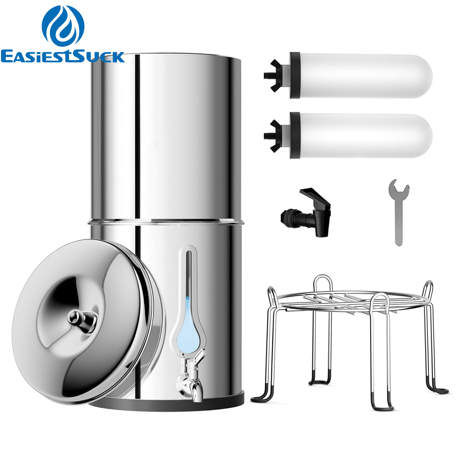 2.25G Gravity Water Filter System with New Water Level Window, 3-Stage 0.01μm Ultra-Filtration Stainless Steel Countertop System with 2 Ceramic Filters and Stand, Reduce 99.9% Chlorine