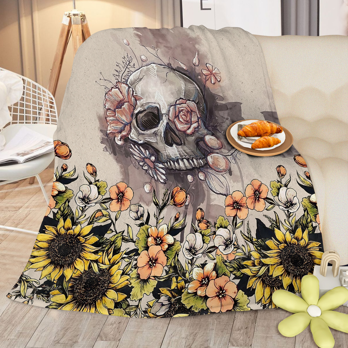 Rustic Skull Sunflower Flannel Throw Blanket Floral Skull Flannel Soft Plush Throw Blanket Cozy Blankets for Bed Chair Car Sofa Couch Bedroom 30*40，50*60 Inches