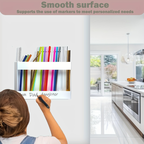Straw Holder, Cabinet Straw Organizer With Double Sided Adhesive Tape, Tall Drinking Straws Dispensers, Reusable Straws Storage Container For Cupboard, Kitchen Countery