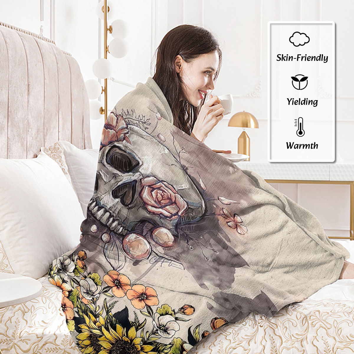 Rustic Skull Sunflower Flannel Throw Blanket Floral Skull Flannel Soft Plush Throw Blanket Cozy Blankets for Bed Chair Car Sofa Couch Bedroom 30*40，50*60 Inches