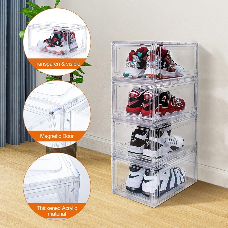 6 PCS Shoe Organizer, Clear Plastic Stackable Shoe Organizer for Closet, Clear Plastic Stackable Shoe Box for Entryway Space Saving Collapsible Shoe Rack, Shoe Box Ball Shoe Rack Container