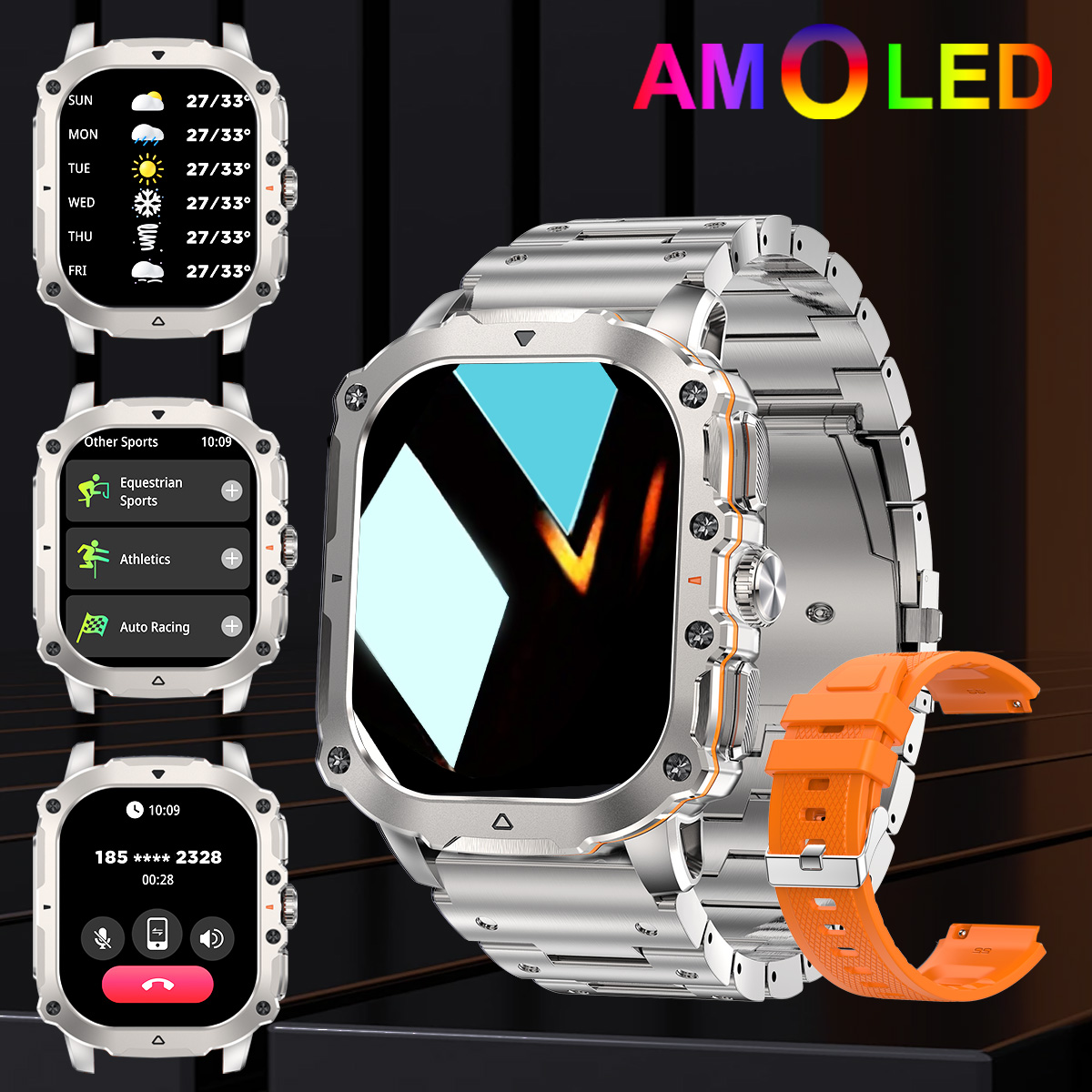 Smartwatch for Men(Answer/Make Calls), AMOLED HD Touch Screen Smart Watch With Voice Assistant/Message Reminder/Pedometer/Weather Forcest/Sport Modes, Fashion Outdoor Fitness Watch With