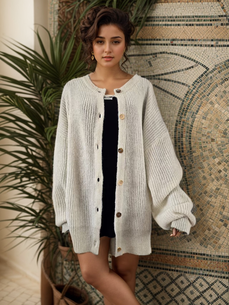 Women's Knit Cardigan Sweater - Contrast Button Down Chunky Knitwear with Gold Thread Cuffs, Loose Long Sleeve Spring Fall Cardigan