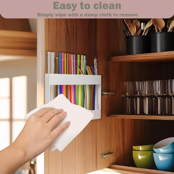 Straw Holder, Cabinet Straw Organizer With Double Sided Adhesive Tape, Tall Drinking Straws Dispensers, Reusable Straws Storage Container For Cupboard, Kitchen Countery