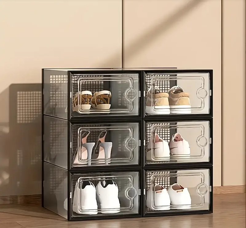 Shoe storage box, set of 12 transparent plastic stackable shoe storage boxes, suitable for closets, interlocking design shoe containers, suitable for sneakers, foldable shoe rack with lid