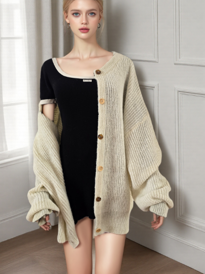 Women's Knit Cardigan Sweater - Contrast Button Down Chunky Knitwear with Gold Thread Cuffs, Loose Long Sleeve Spring Fall Cardigan