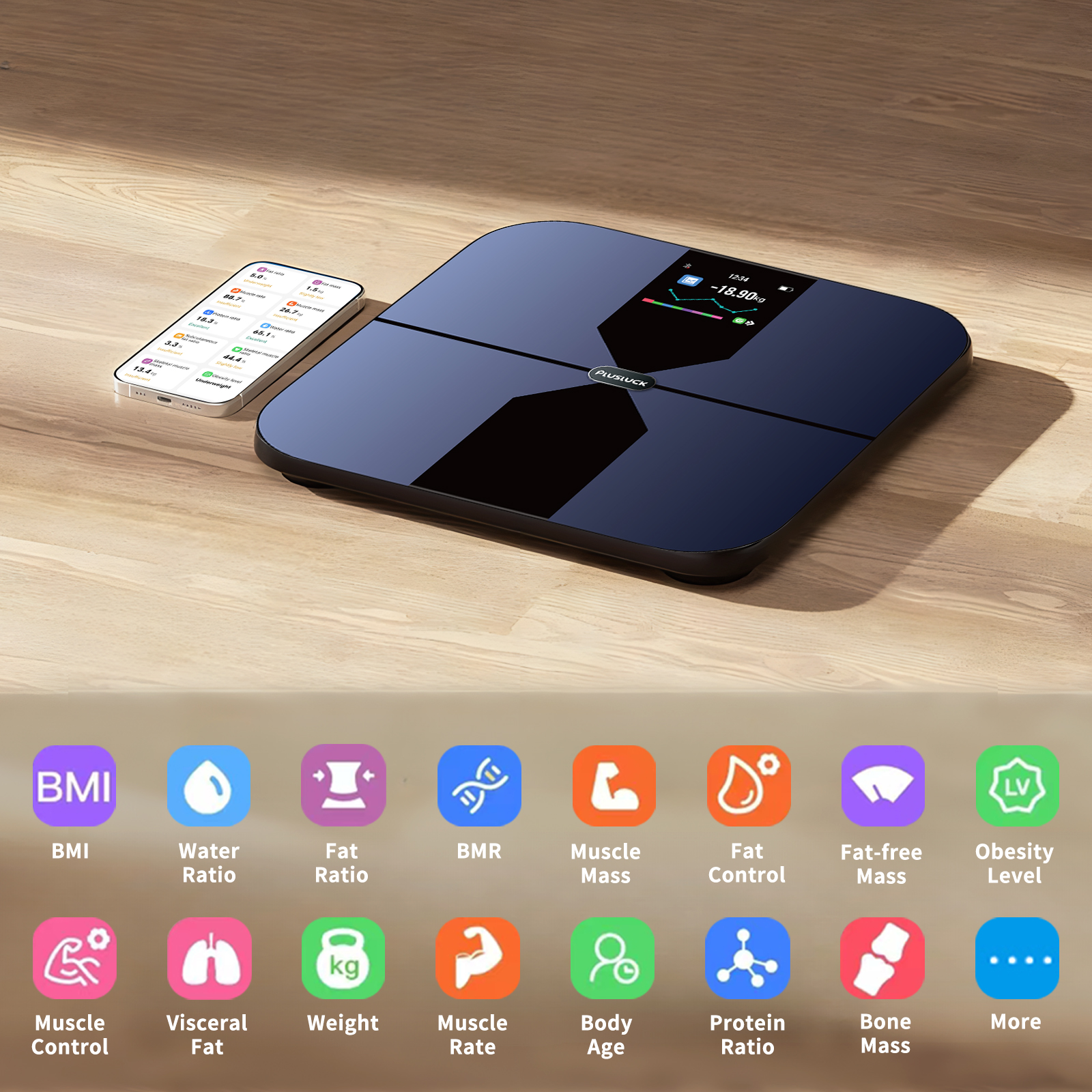 Plusluck Color screen ITO intelligent weight scale, can accurately measure weight and other data through the body fat scale color screen display measurement data can also be synchronized to the application view, 11.8*11.8in large size, 400lbs