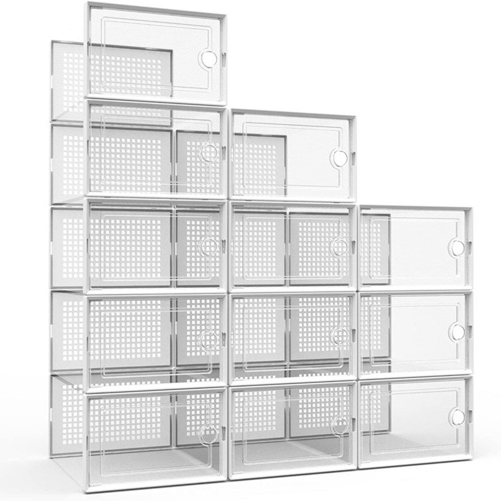 Shoe storage box, set of 12 transparent plastic stackable shoe storage boxes, suitable for closets, interlocking design shoe containers, suitable for sneakers, foldable shoe rack with lid