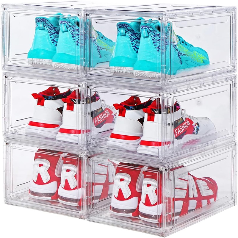 6 PCS Shoe Organizer, Clear Plastic Stackable Shoe Organizer for Closet, Clear Plastic Stackable Shoe Box for Entryway Space Saving Collapsible Shoe Rack, Shoe Box Ball Shoe Rack Container