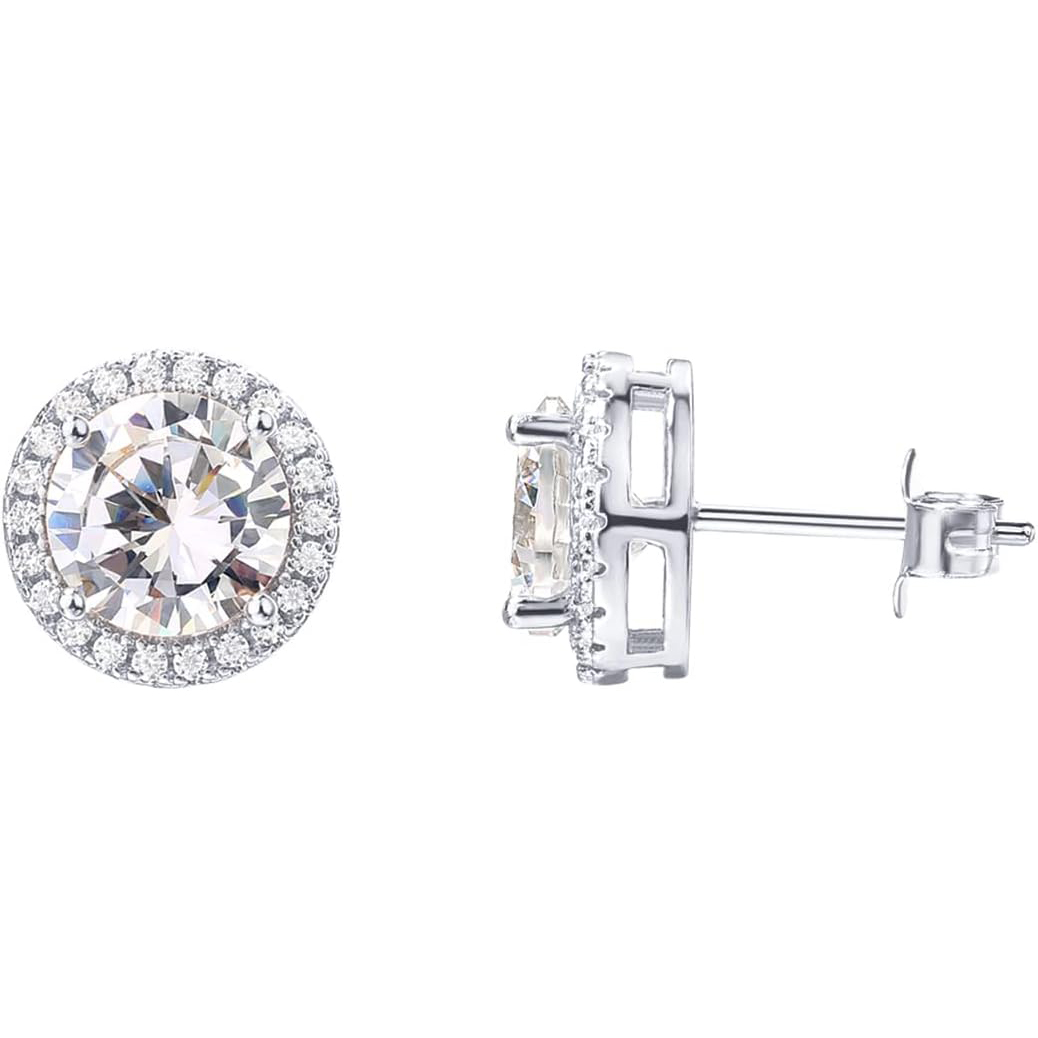 "1 pair 14K White Gold Plated Sterling Silver Post Brilliant Round Faux Diamond Halo Earrings - Premium Cubic Zirconia in White Gold, Prefect gift for Birthday/ Christmas/ New Year's Eve/ Anniversary/ Mother's day "