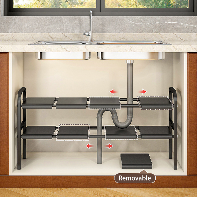Under Sink Organizer, Under Bathroom Cabinet Organizer,2 Tier Expandable Heavy Duty Metal Shelf, With 3 Removable Panels And 2 Storage Basket, Under Sink Storage For Kitchen Bathroom Cabinet