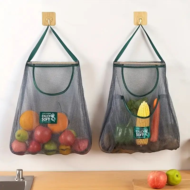 2pcs Multi-Functional Kitchen Storage Mesh Bags - Wall-Mounted Organizers for Storing Fruits, Vegetables, Ginger, and Garlic, Hollow Mesh Bags | Essential Home Accessories