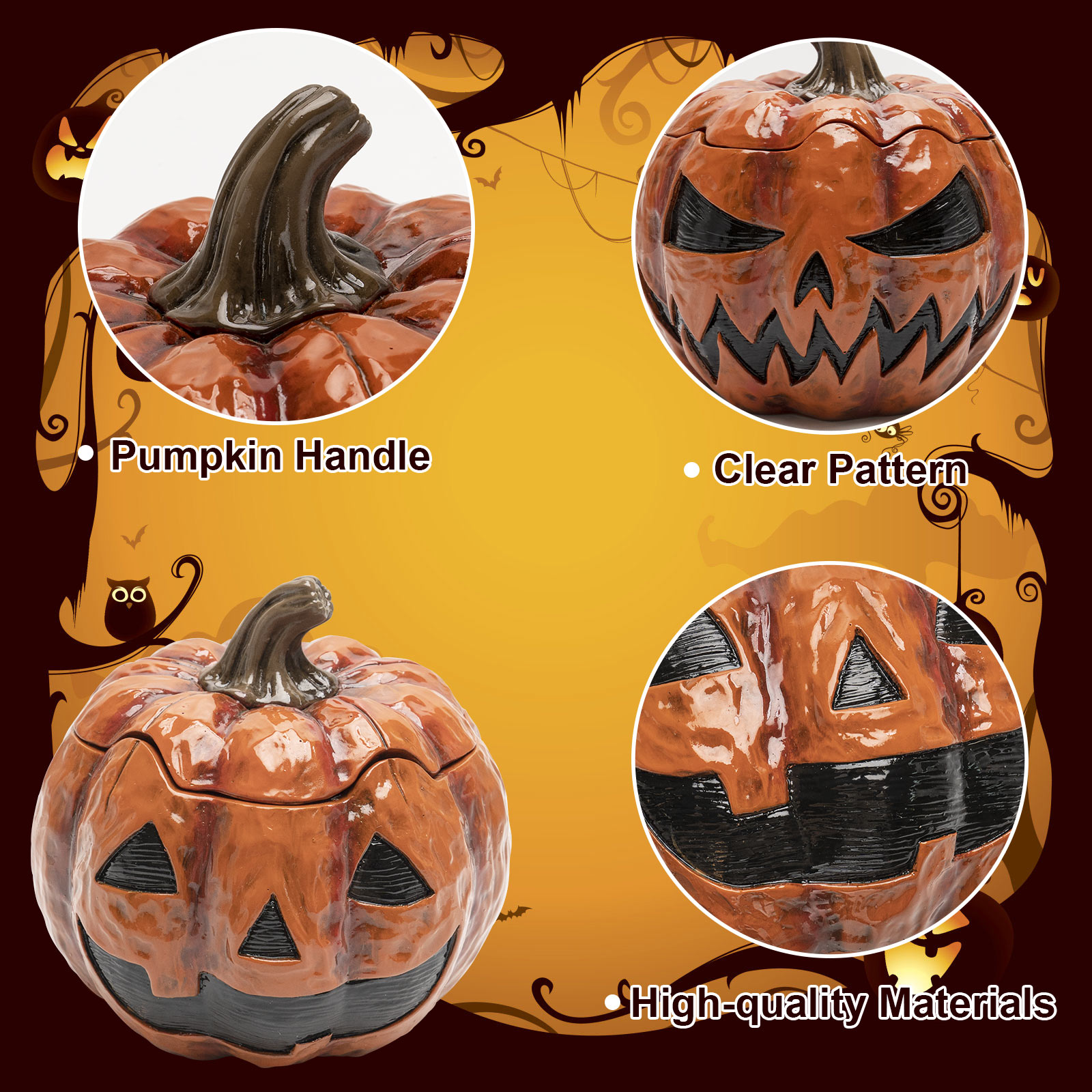 Halloween Cookie Jar With Lid, 7.3x7inchs Resin Fall Thanksgiving Pumpkin Candy Bowl Dish With Double Sided Face, Small Halloween Food Snack Storage Containers