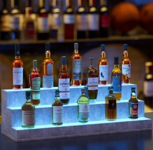 LED Lighted Liquor Bottle Display Shelf, 37 Inch Bar Display Shelf, DIY Illuminated Bottle Shelf with App & Remote Control, 3 Step Freestanding Holding Bottles for Home Bar, Party, Grey