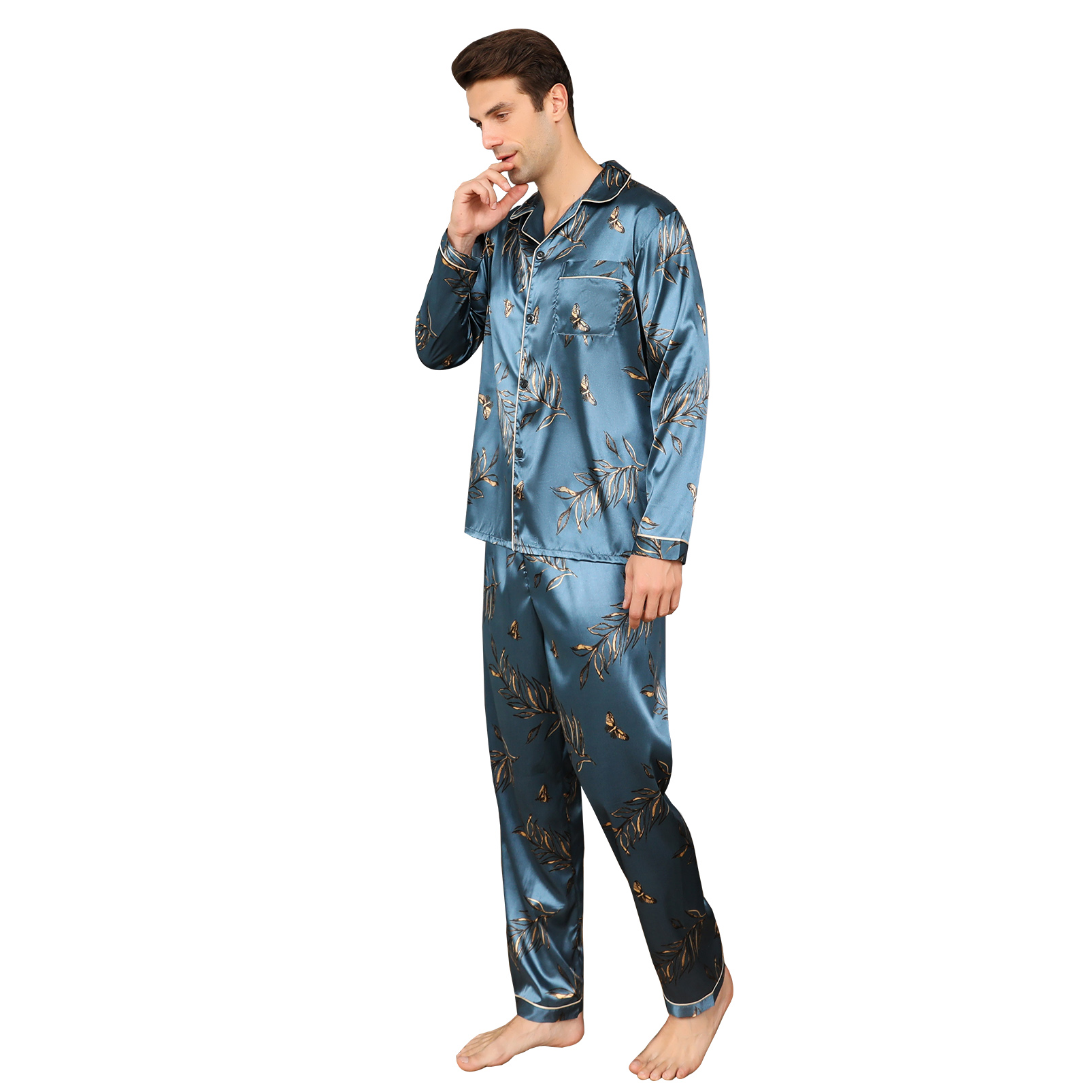 ShuiGod-Mens Silky Satin Pajamas Set Long Sleeve Top and Long pants Nightwear Button-Down Pj Sets Sleepwear