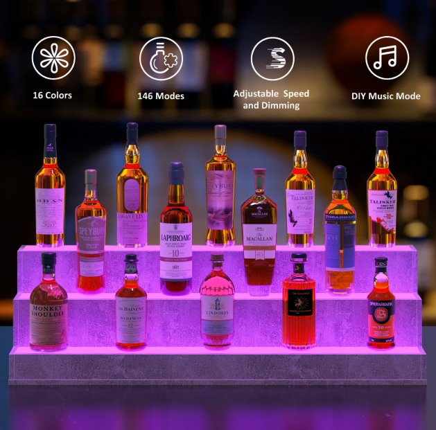 LED Lighted Liquor Bottle Display Shelf, 37 Inch Bar Display Shelf, DIY Illuminated Bottle Shelf with App & Remote Control, 3 Step Freestanding Holding Bottles for Home Bar, Party, Grey