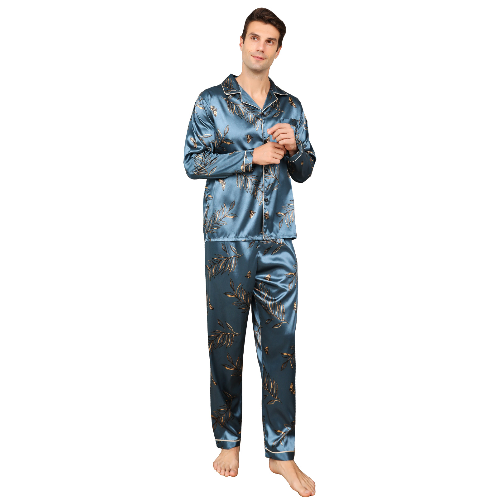 ShuiGod-Mens Silky Satin Pajamas Set Long Sleeve Top and Long pants Nightwear Button-Down Pj Sets Sleepwear