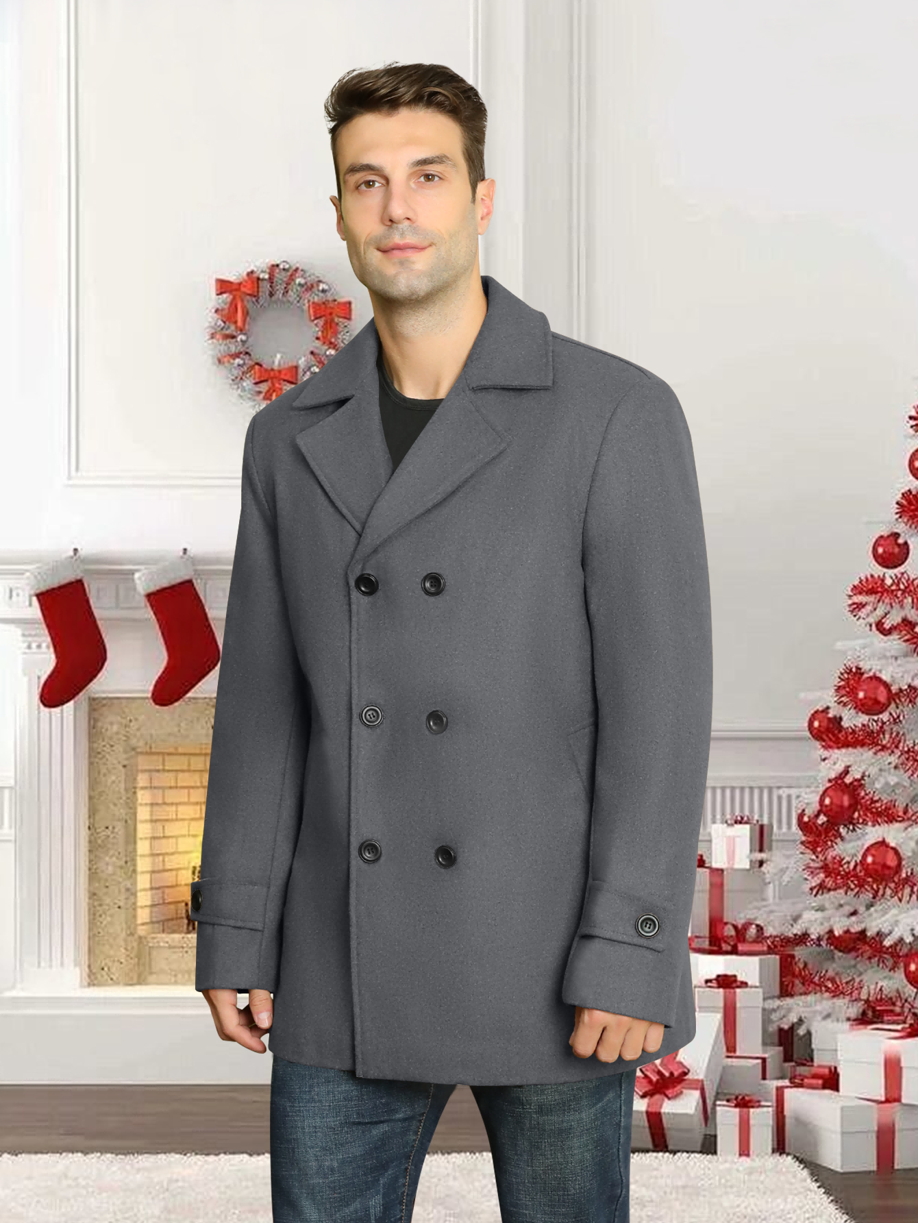 FLY Men’s Double-Breasted Wool Coat – Classic Gray Long Overcoat, Winter Warm Business &amp; Casual Style