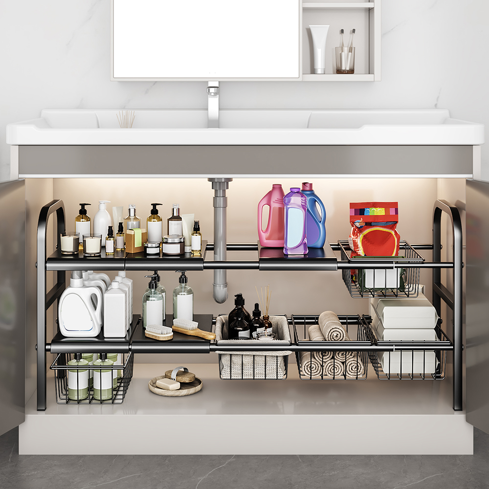 Under Sink Organizer, Under Bathroom Cabinet Organizer,2 Tier Expandable Heavy Duty Metal Shelf, With 3 Removable Panels And 2 Storage Basket, Under Sink Storage For Kitchen Bathroom Cabinet