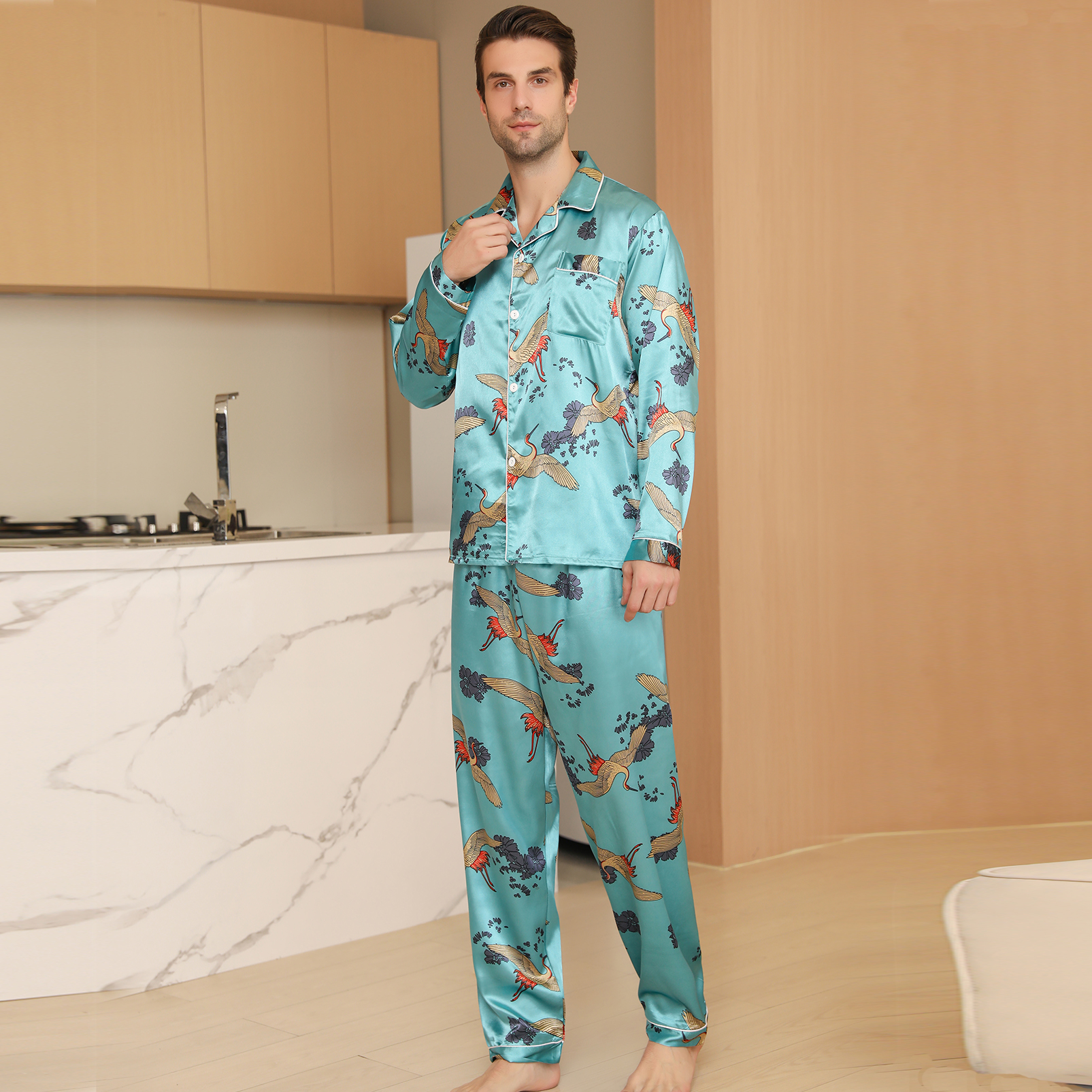 Mens Satin Pajama Sets color Pattern Long Sleeve Top and Long pants Silky Button Sleepwear