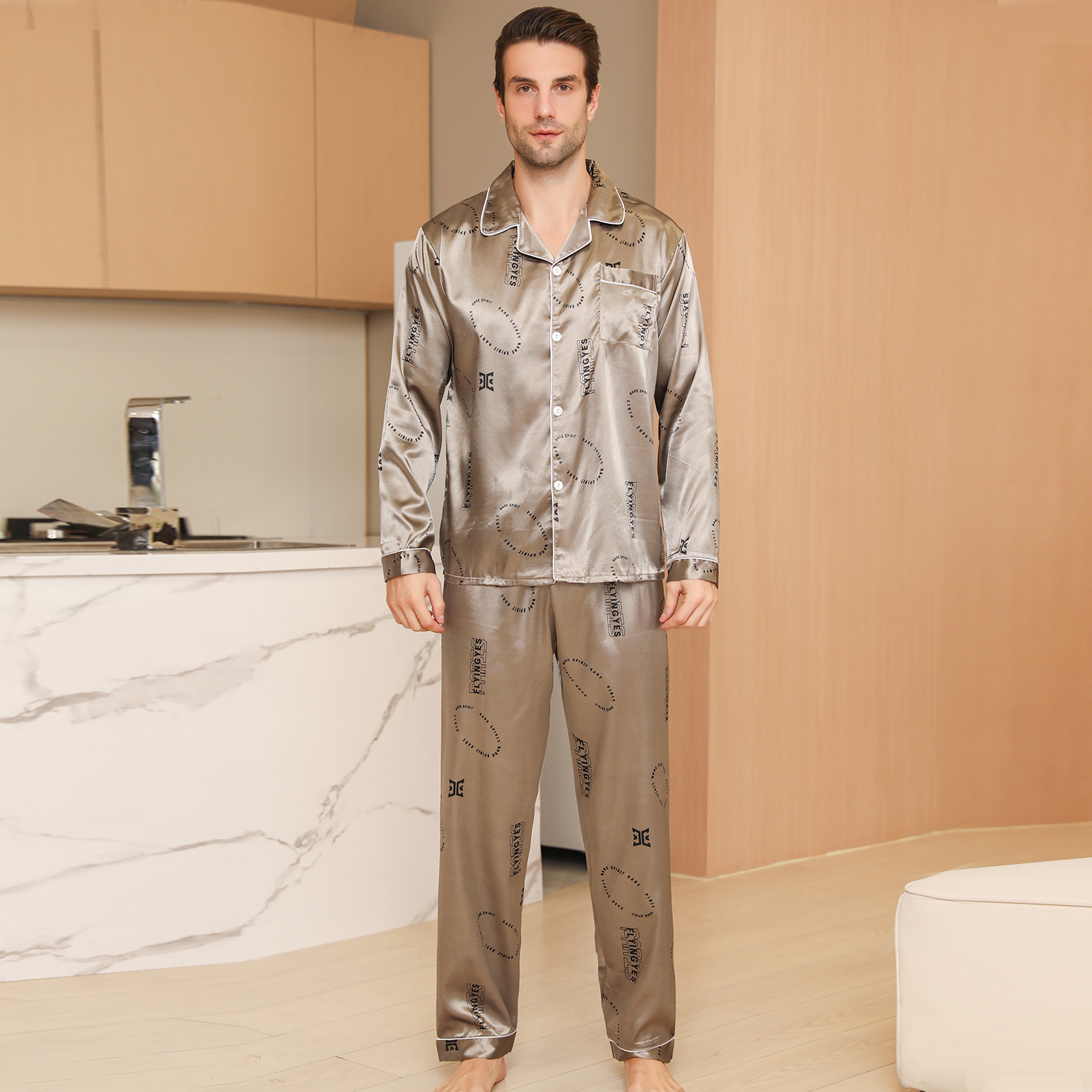 Mens Satin Pajama Sets color Pattern Long Sleeve Top and Long pants Silky Button Sleepwear