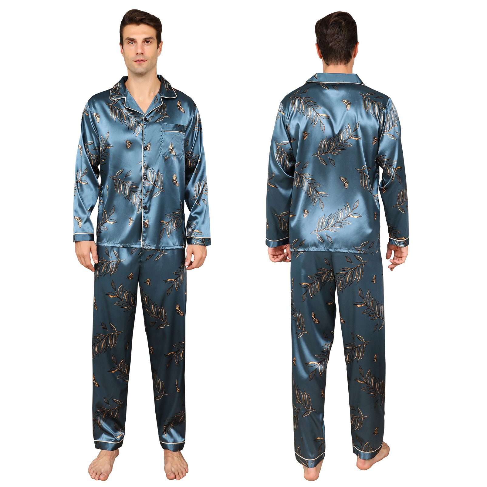 ShuiGod-Mens Silky Satin Pajamas Set Long Sleeve Top and Long pants Nightwear Button-Down Pj Sets Sleepwear