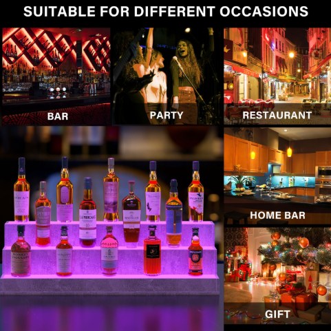 LED Lighted Liquor Bottle Display Shelf, 37 Inch Bar Display Shelf, DIY Illuminated Bottle Shelf with App & Remote Control, 3 Step Freestanding Holding Bottles for Home Bar, Party, Grey