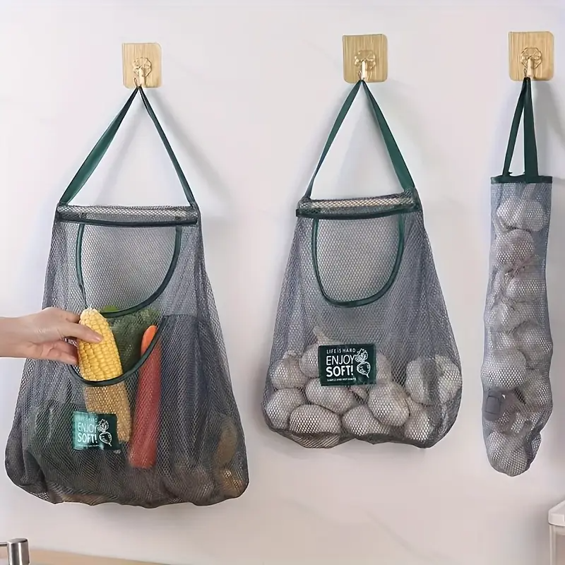2pcs Multi-Functional Kitchen Storage Mesh Bags - Wall-Mounted Organizers for Storing Fruits, Vegetables, Ginger, and Garlic, Hollow Mesh Bags | Essential Home Accessories