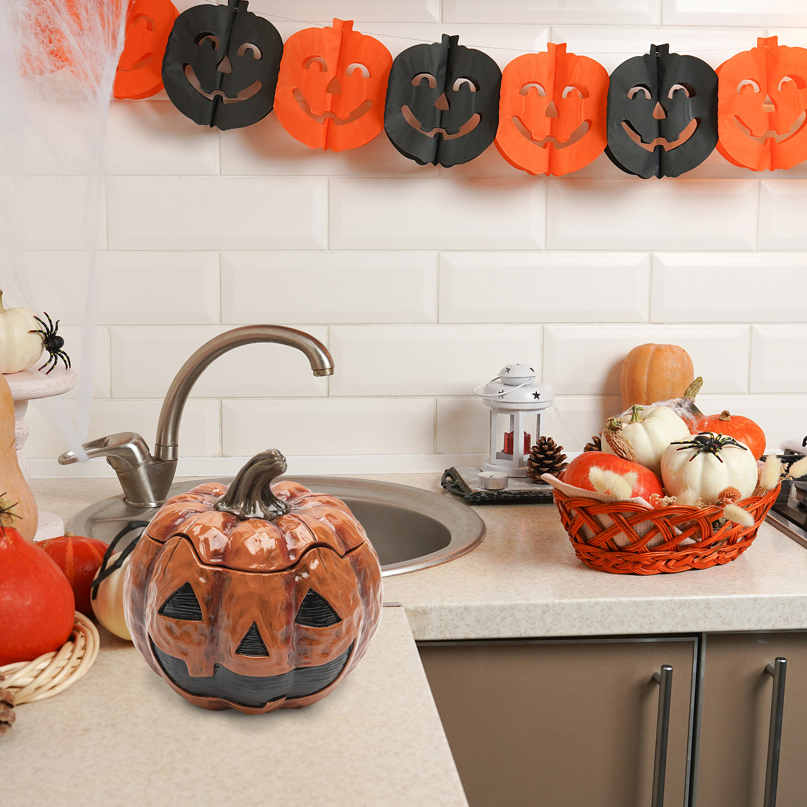 Halloween Cookie Jar With Lid, 7.3x7inchs Resin Fall Thanksgiving Pumpkin Candy Bowl Dish With Double Sided Face, Small Halloween Food Snack Storage Containers