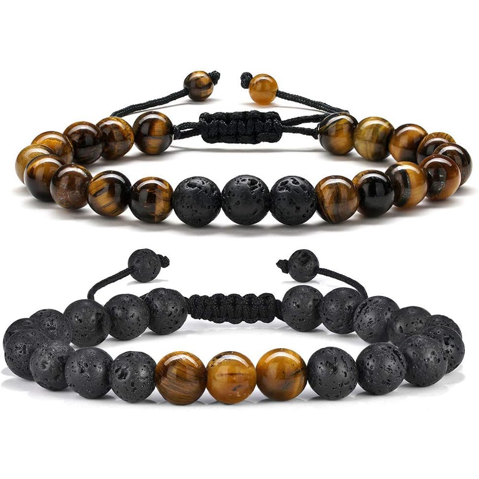 2 Pcs Natural Stone Bracelets for Men - 8mm Tiger Eye | Matte Agate | Lava Rock Bracelets for Men Teen Boys Gifts Birthday Anniversary Father Day Gifts for Him