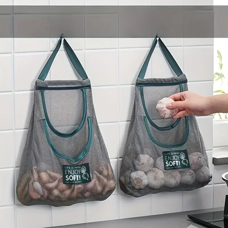 2pcs Multi-Functional Kitchen Storage Mesh Bags - Wall-Mounted Organizers for Storing Fruits, Vegetables, Ginger, and Garlic, Hollow Mesh Bags | Essential Home Accessories