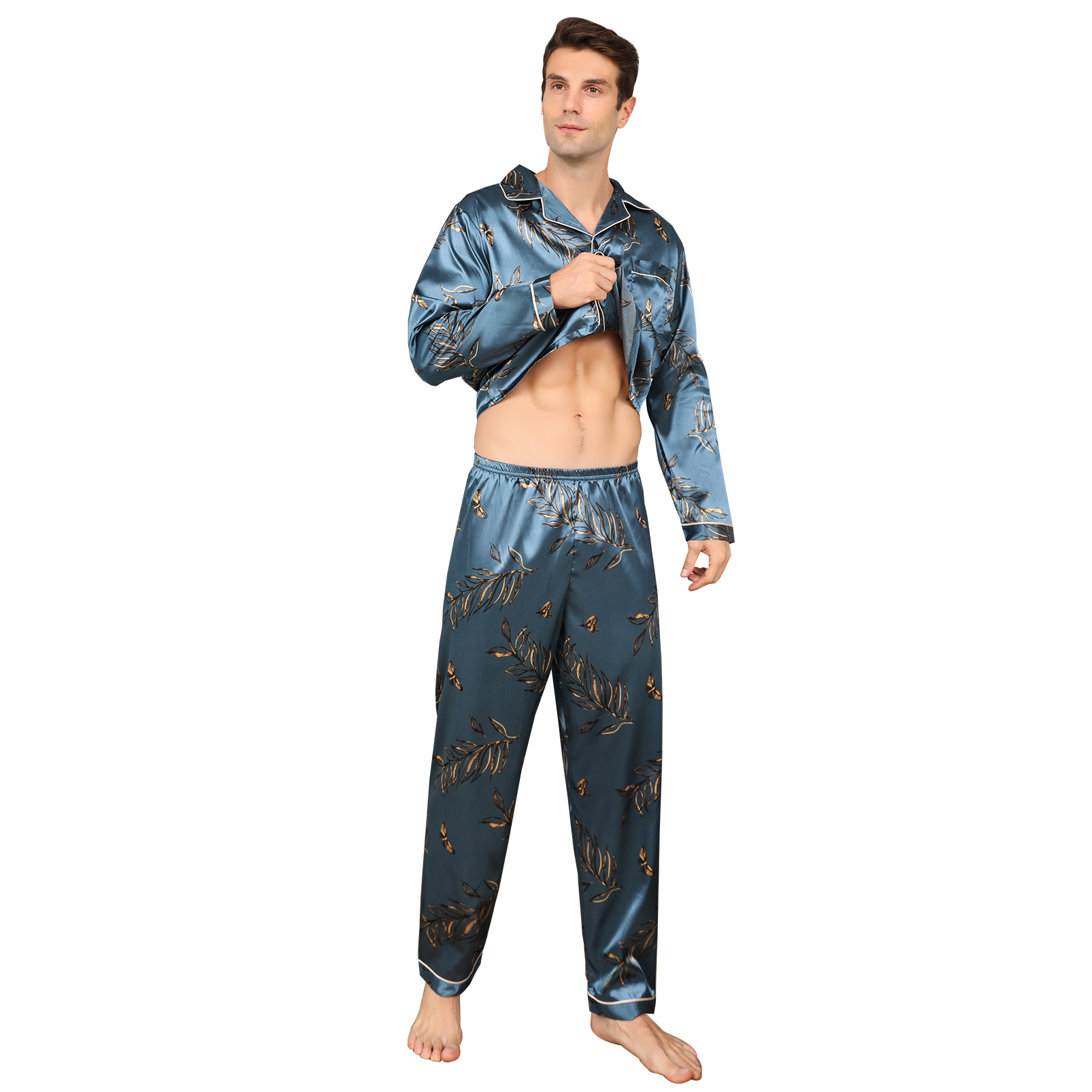 ShuiGod-Mens Silky Satin Pajamas Set Long Sleeve Top and Long pants Nightwear Button-Down Pj Sets Sleepwear