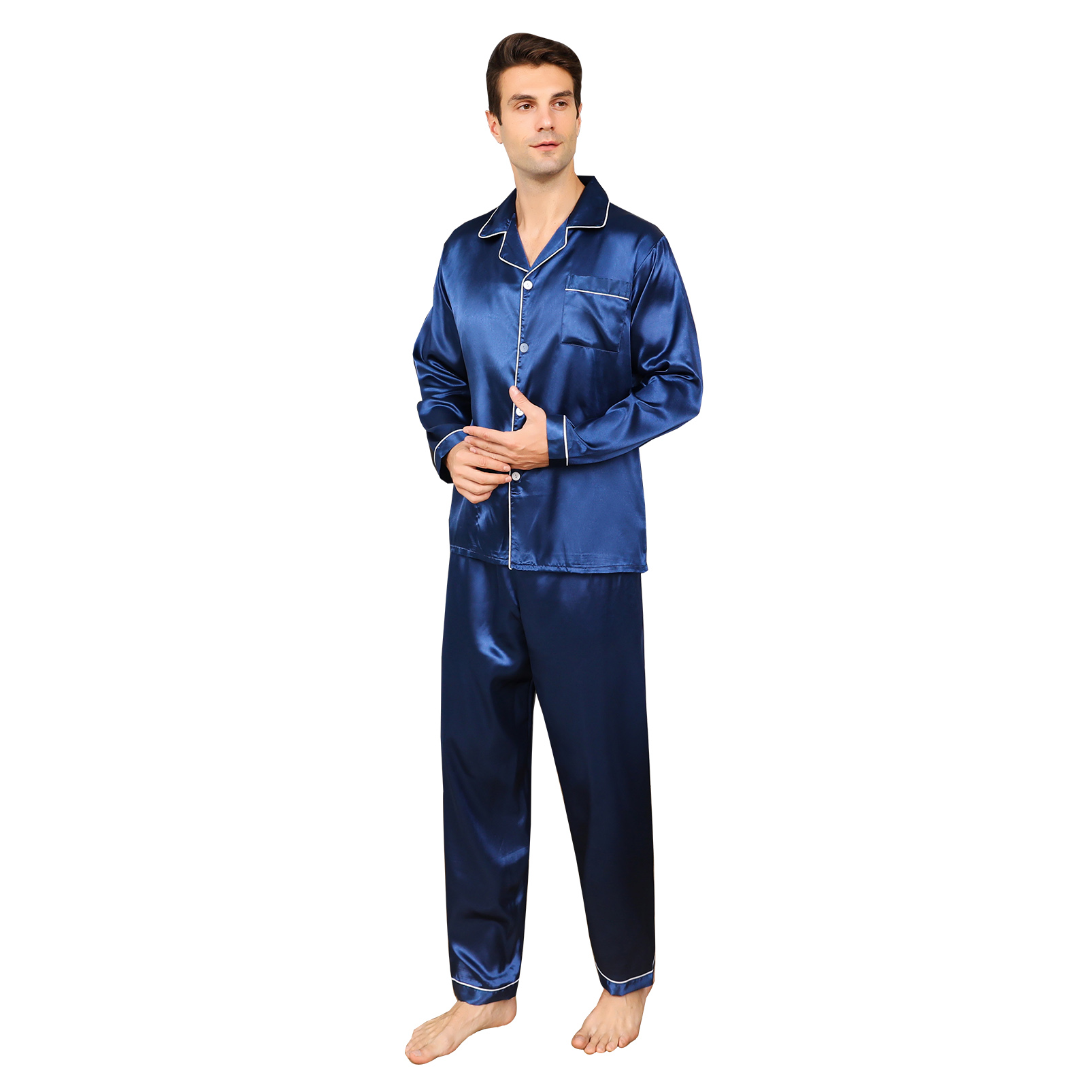 ShuiGod-Mens Silky Satin Pajamas Set Long Sleeve Top and Long pants Nightwear Button-Down Pj Sets Sleepwear