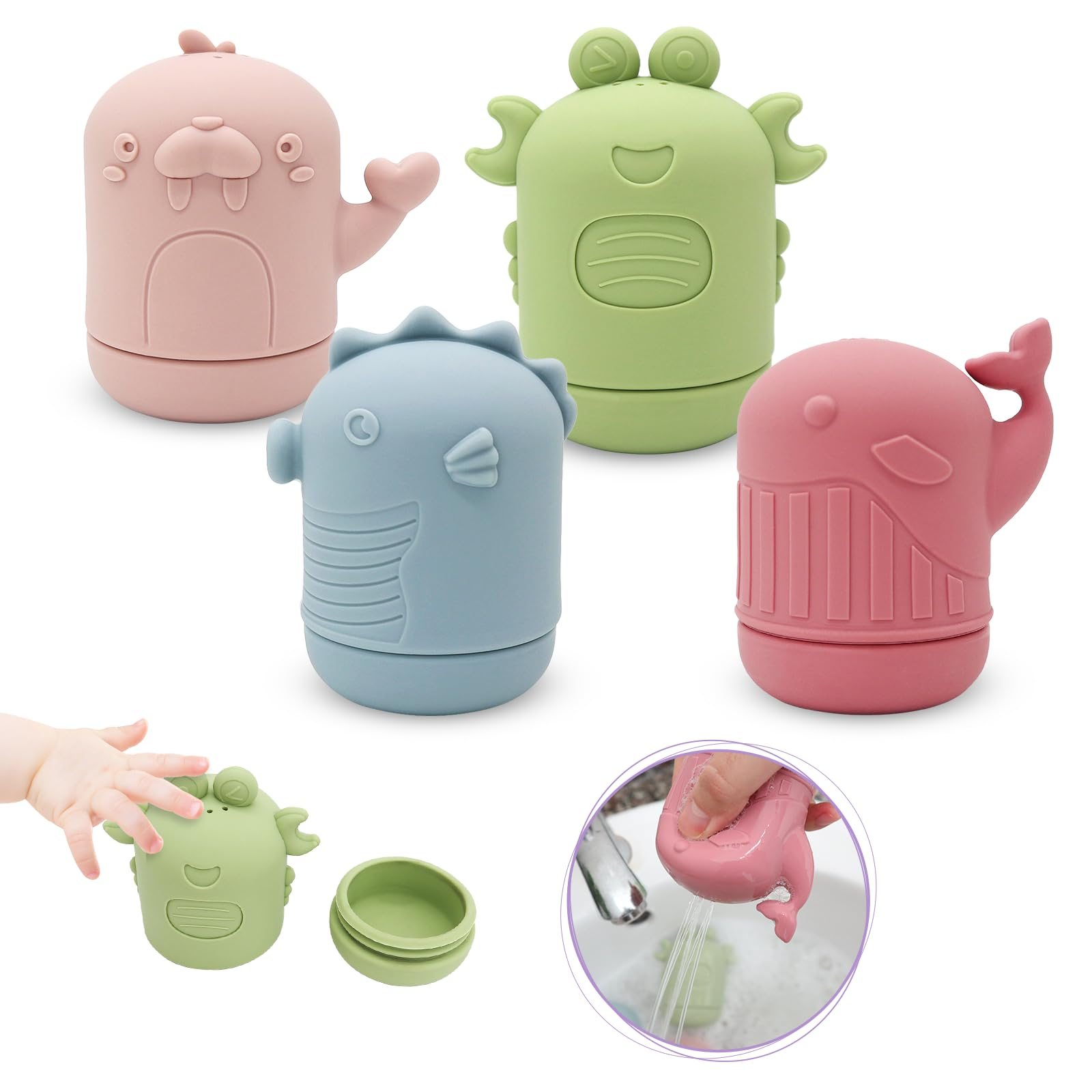 Baby water shower toys set, bath water toys, parent-child interactive toys, 4 pieces (ocean color) safe soft rubber material, the bath does not cry, let the baby love the bath