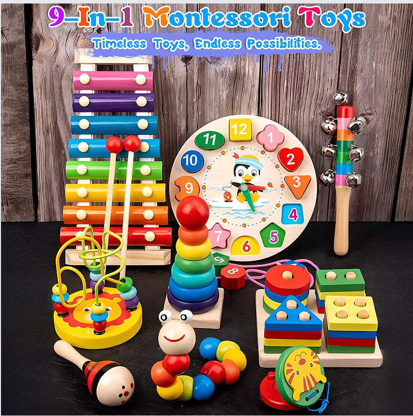 5-in-1Wooden Baby Intellectual Development Toys, Birthday gift, Early Learning Educational Montessori Toys for 3-years and plus Boys and Girls