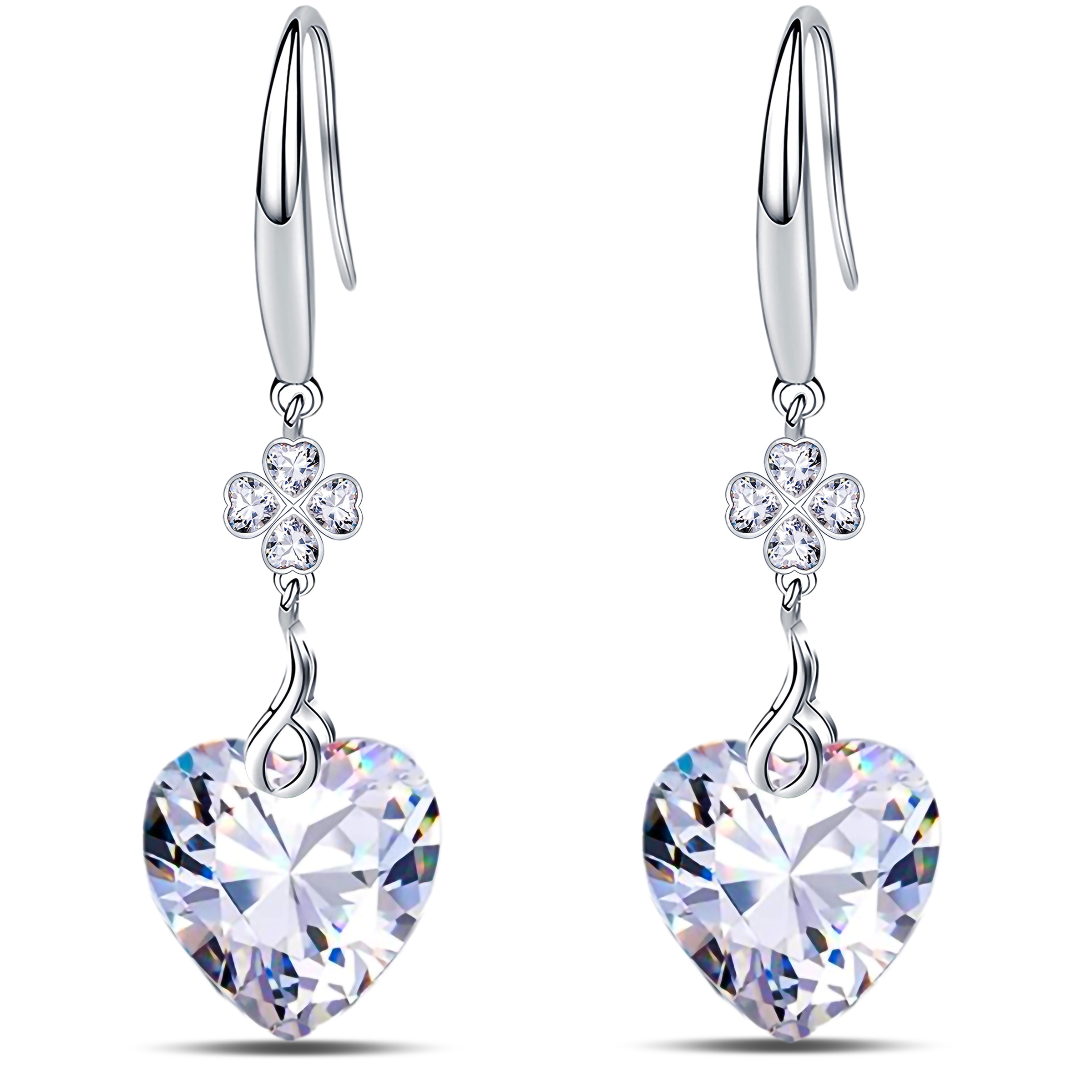 925 Sterling Silver 5A Pure Brillant Heart Cut 10mm Cubic Zirconia Love Heart Dangle Earrings for Women