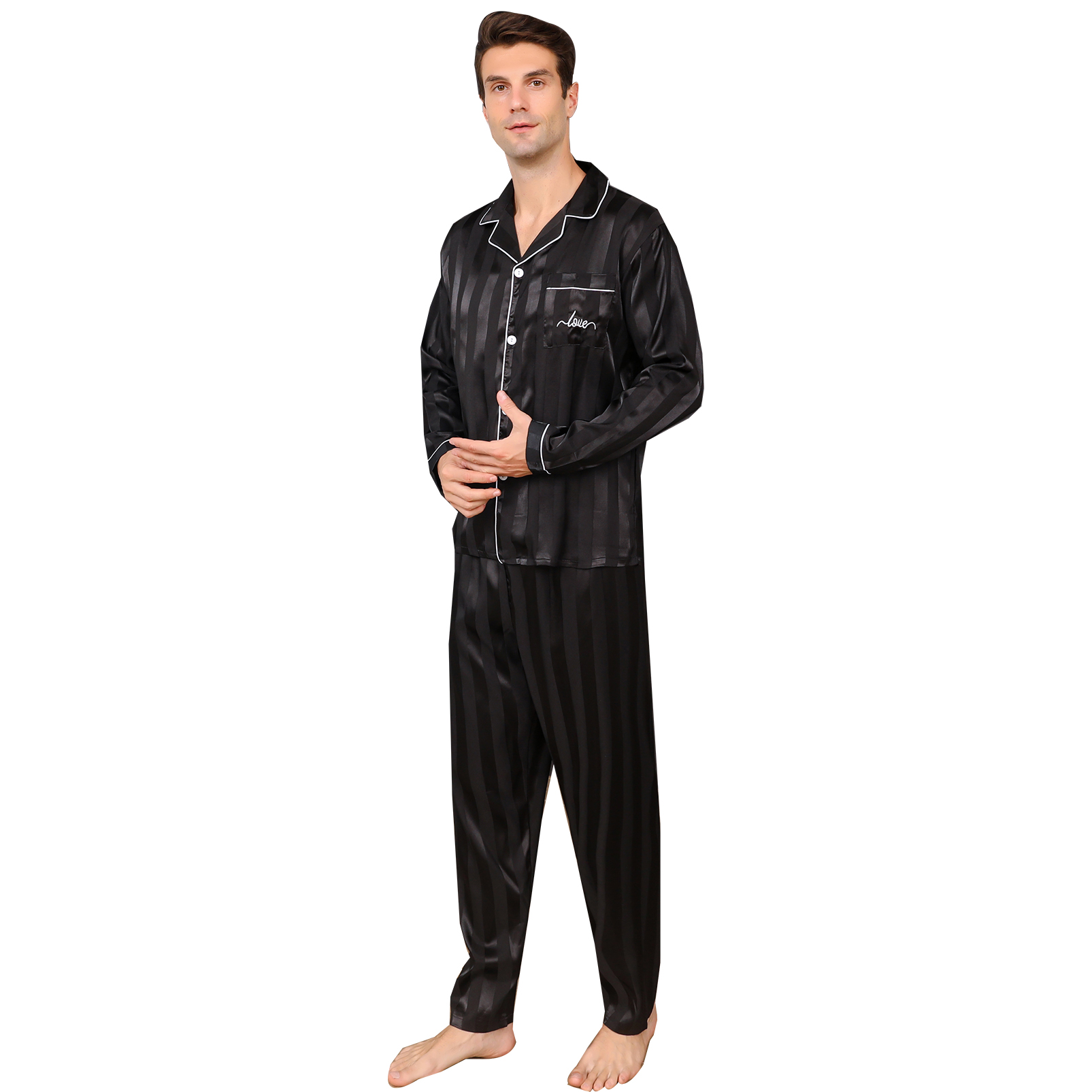 ShuiGod-Mens Silky Satin Pajamas Set Long Sleeve Top and Long pants Nightwear Button-Down Pj Sets Sleepwear
