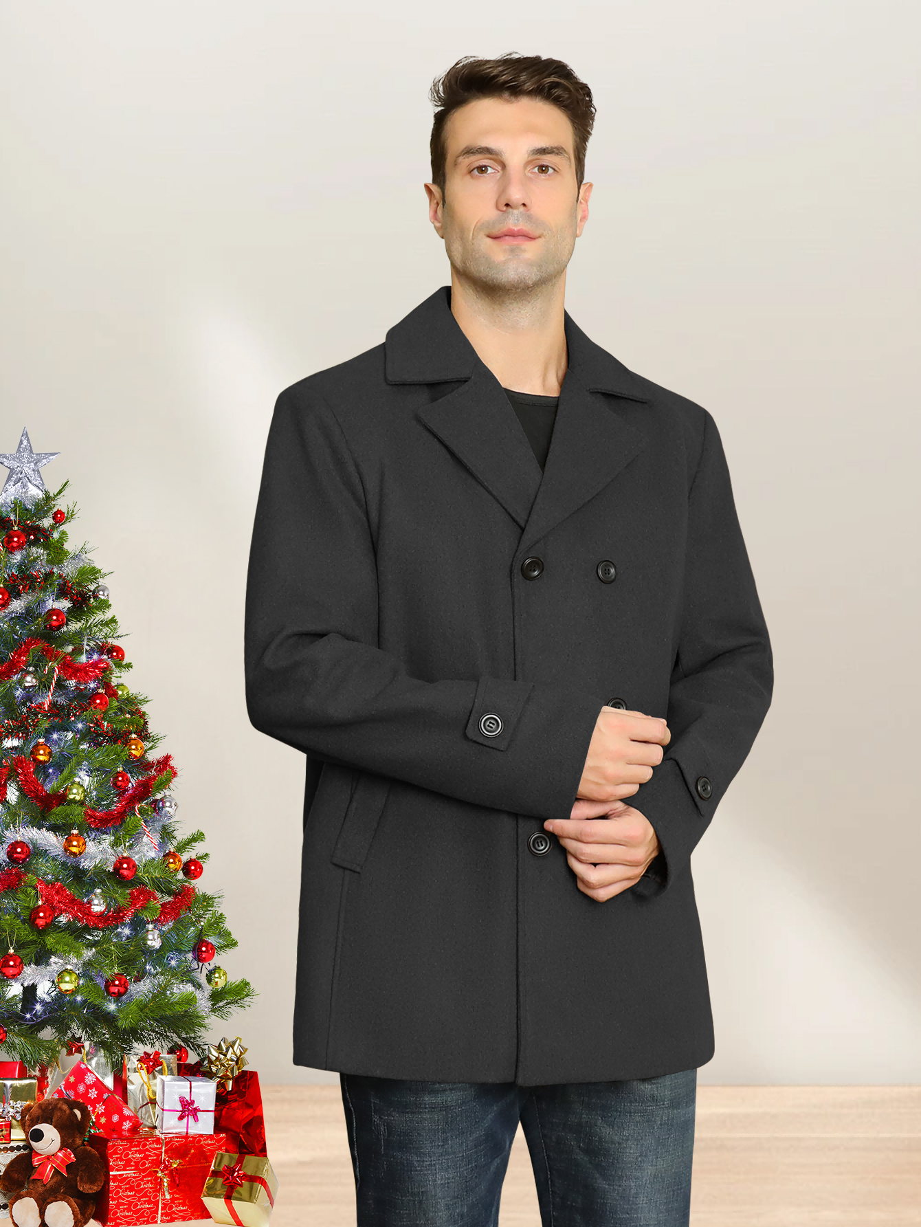 FLY Men’s Double-Breasted Wool Coat – Classic Gray Long Overcoat, Winter Warm Business &amp; Casual Style