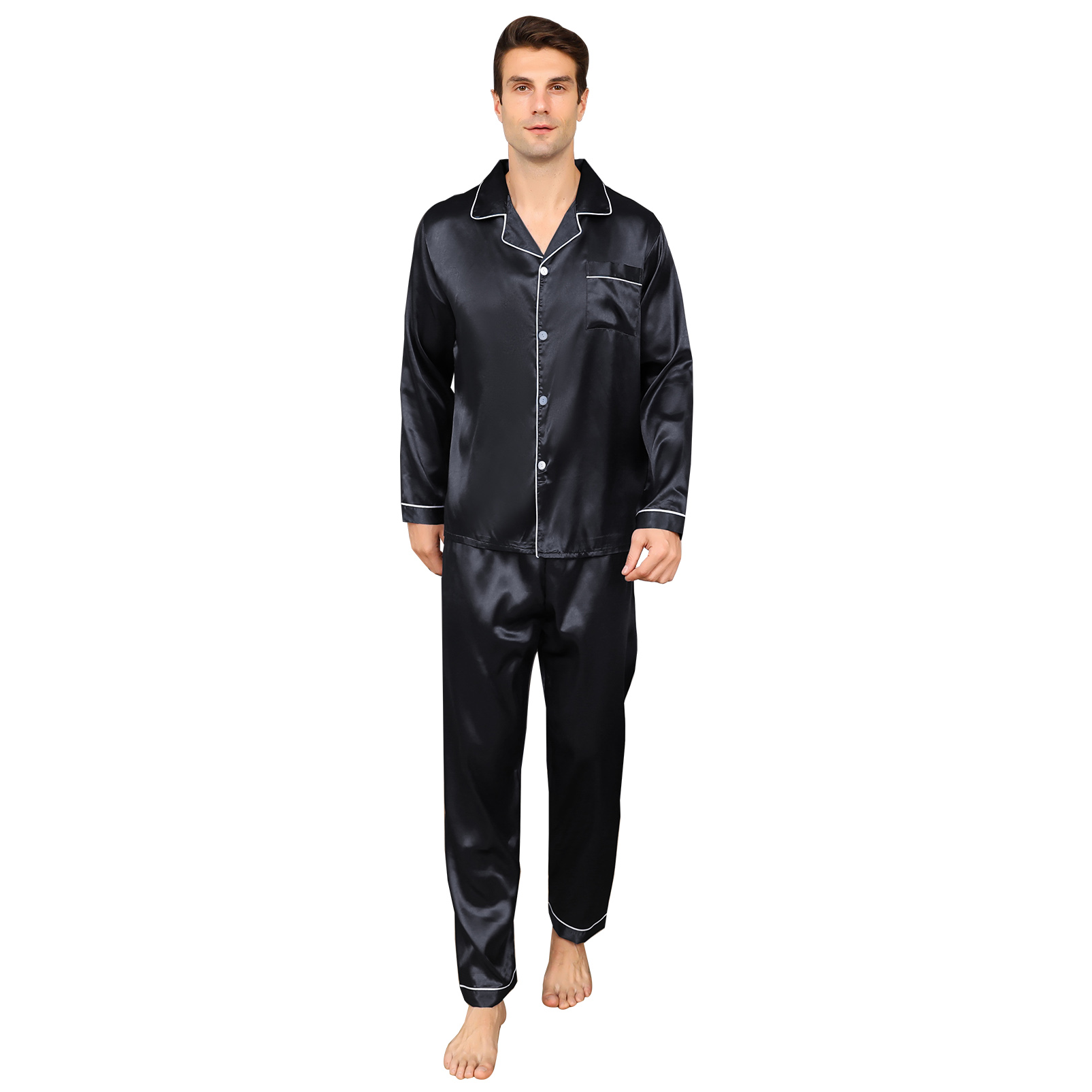 ShuiGod-Mens Silky Satin Pajamas Set Long Sleeve Top and Long pants Nightwear Button-Down Pj Sets Sleepwear