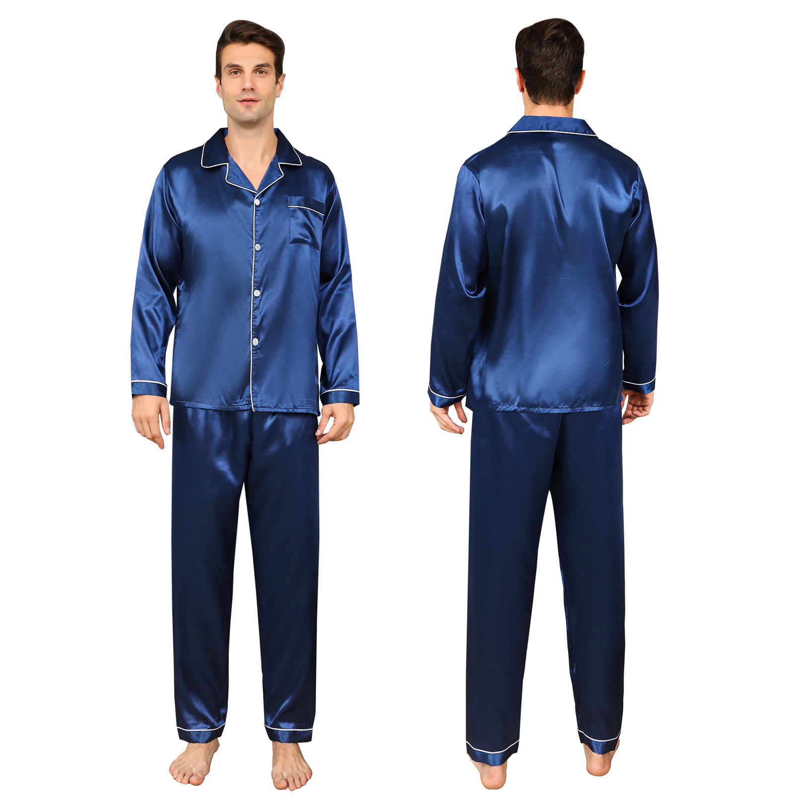 ShuiGod-Mens Silky Satin Pajamas Set Long Sleeve Top and Long pants Nightwear Button-Down Pj Sets Sleepwear