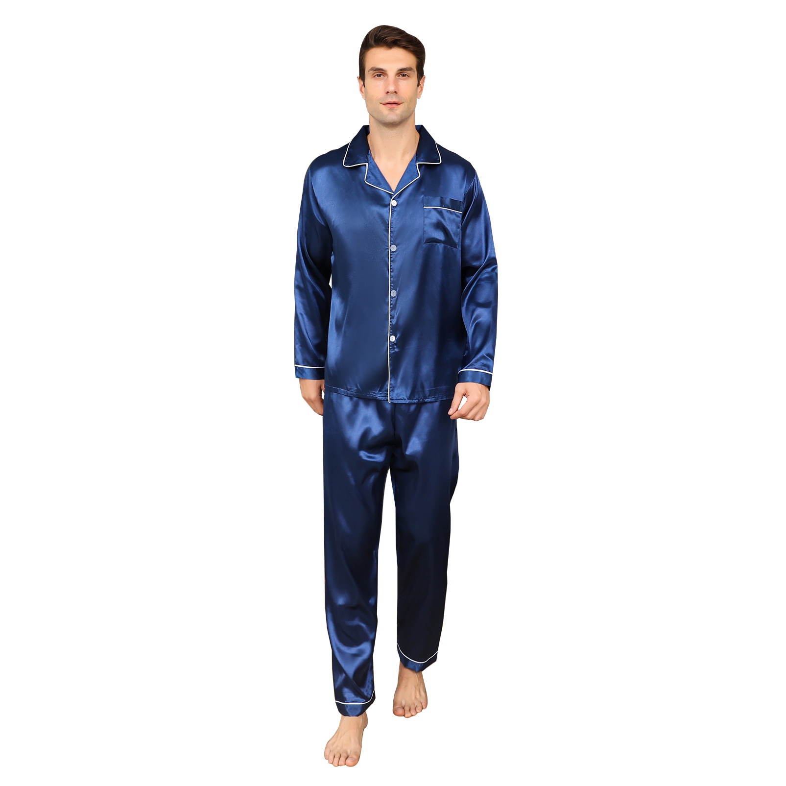 ShuiGod-Mens Silky Satin Pajamas Set Long Sleeve Top and Long pants Nightwear Button-Down Pj Sets Sleepwear