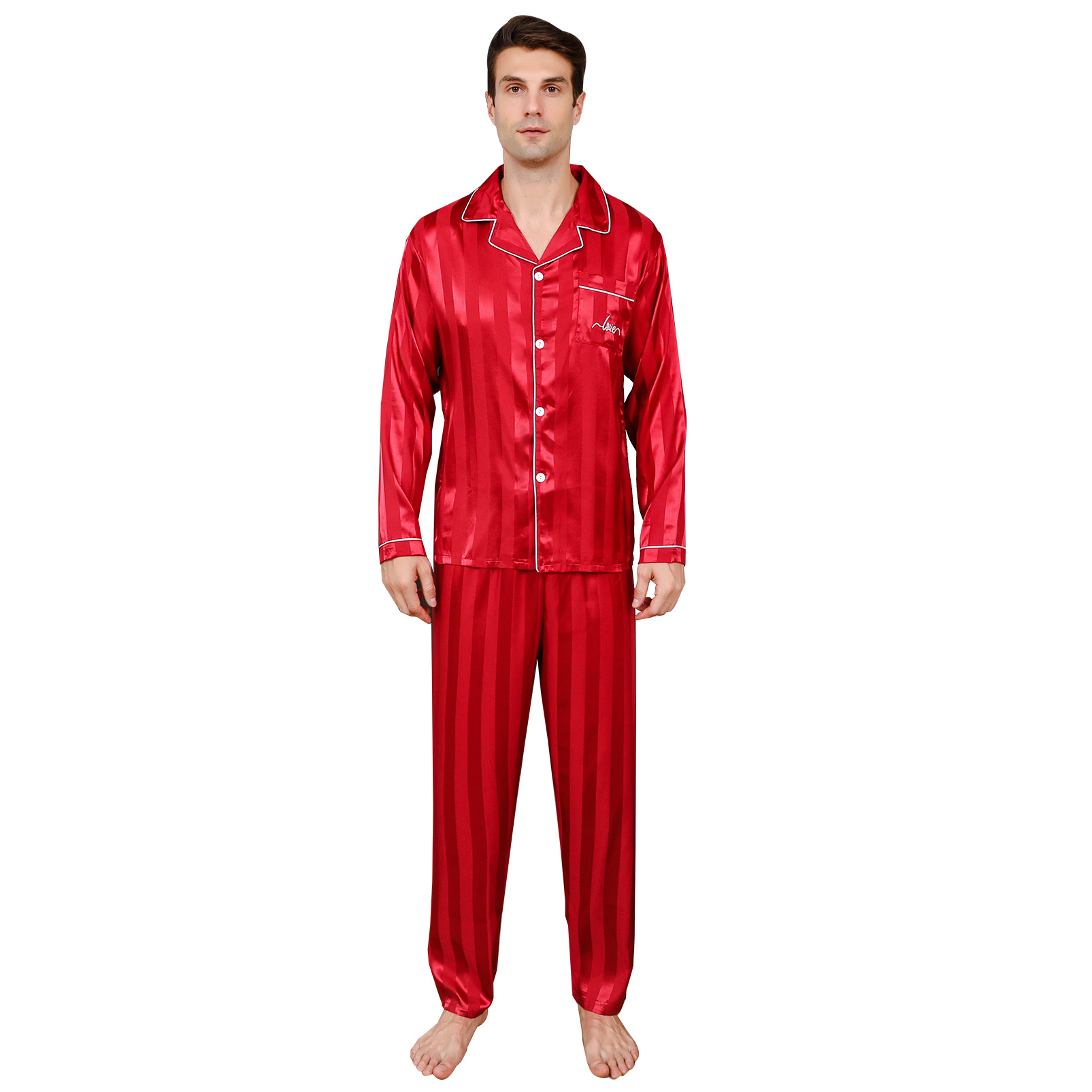 ShuiGod-Mens Silky Satin Pajamas Set Long Sleeve Top and Long pants Nightwear Button-Down Pj Sets Sleepwear
