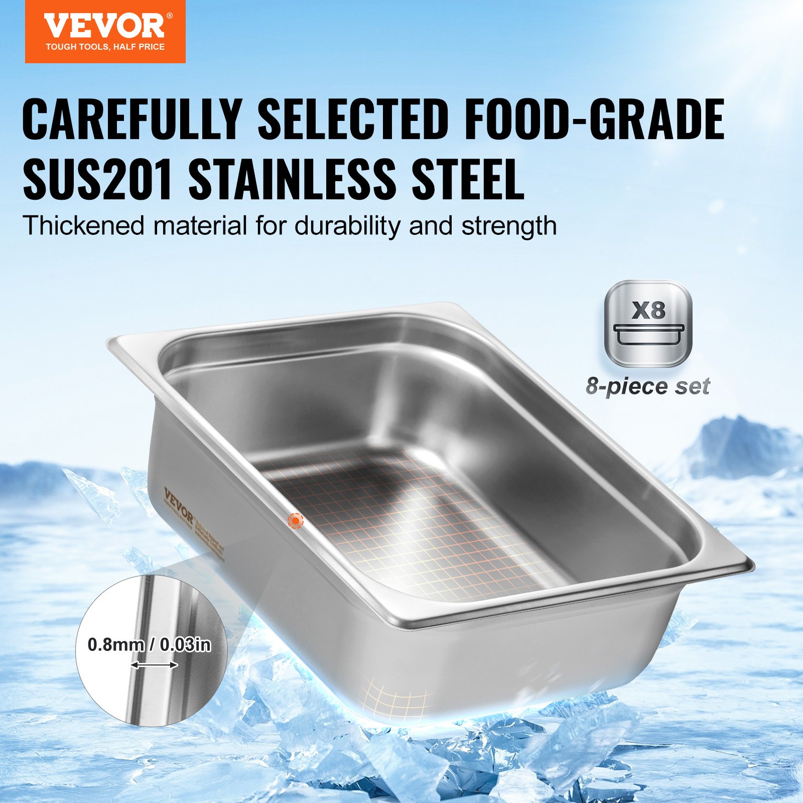 VEVOR 8 Pack Hotel Pans, 1/2 Size Anti-Jam Steam Pan with Lid, 0.8mm Thick Stainless Steel Steam Table Pan, 4-Inch Deep Commercial Table Pan, Catering Storage Food Pan, for Industrial &amp; Scientific