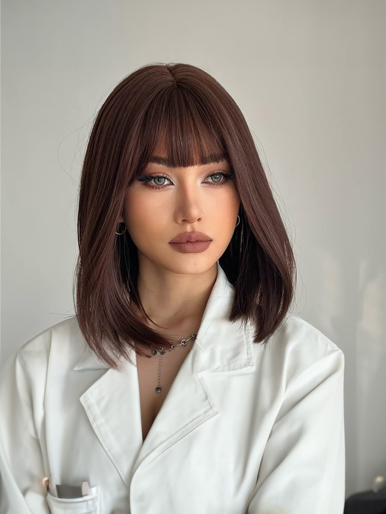 12 Inch Chocolate brown Short Bob Wigs With Bangs Light Yaki Straight Hair Blunt Cut Glueless Wigs Realistic Look Daily Costume Wig For Women Synthetic Hair Heat Resistant Hair Wigs