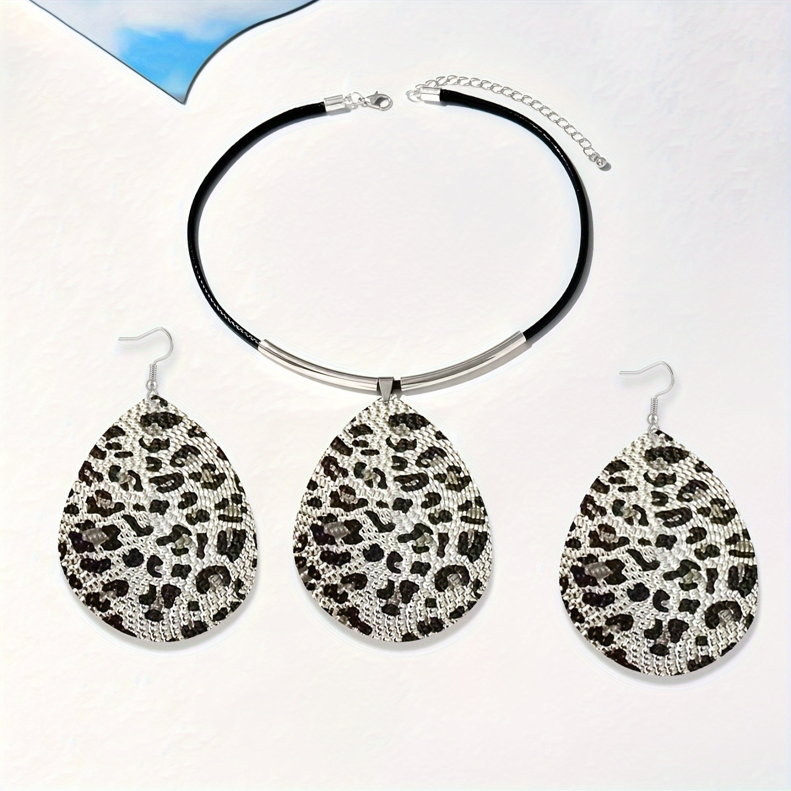 ​Lxalry Recycled Leopard Print Jewelry Set, Eco-Friendly Leather &amp; Iron Necklace Earrings For Women, Hypoallergenic Nickel-Free Gift For Daily Party (Handmade Sustainable Fashion)​​