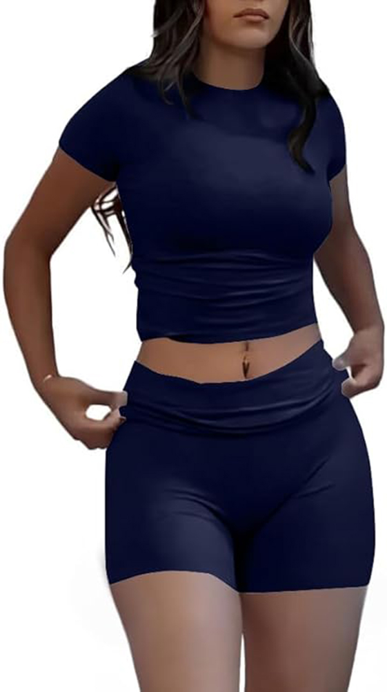 Leisure sports two-piece set, short sleeved high waisted foldable bell bottom pants, shorts, sportswear, streetwear