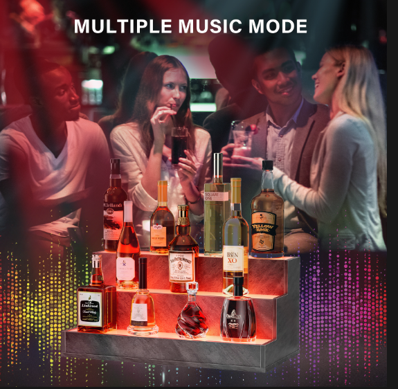 LED Lighted Liquor Bottle Display Shelf, 24 Inch Bar Display Shelf, DIY Illuminated Bottle Shelf with App & Remote Control, 3 Step Freestanding Holding Bottles for Home Bar, Party, Grey
