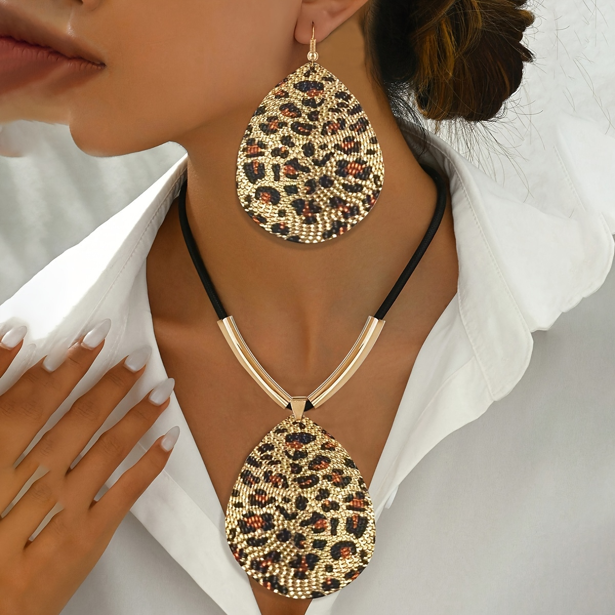Lxalry Recycled Leopard Print Jewelry Set, Eco-Friendly Leather & Iron Necklace Earrings For Women, Hypoallergenic Nickel-Free Gift For Daily Party (Handmade Sustainable Fashion)