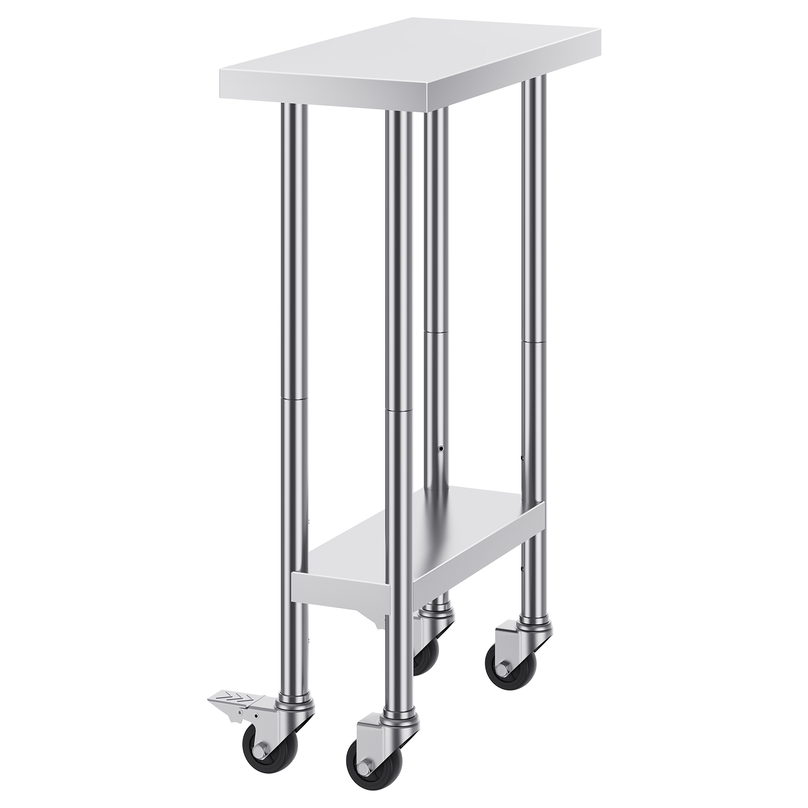 VEVOR Stainless Steel Work Table 24 x 12 x 38 Inch, with 4 Wheels, 3 Adjustable Height Levels, Heavy Duty Food Prep Worktable for Commercial Kitchen Restaurant, Silver