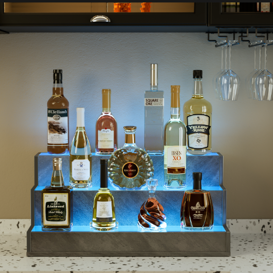 LED Lighted Liquor Bottle Display Shelf, 24 Inch Bar Display Shelf, DIY Illuminated Bottle Shelf with App & Remote Control, 3 Step Freestanding Holding Bottles for Home Bar, Party, Grey